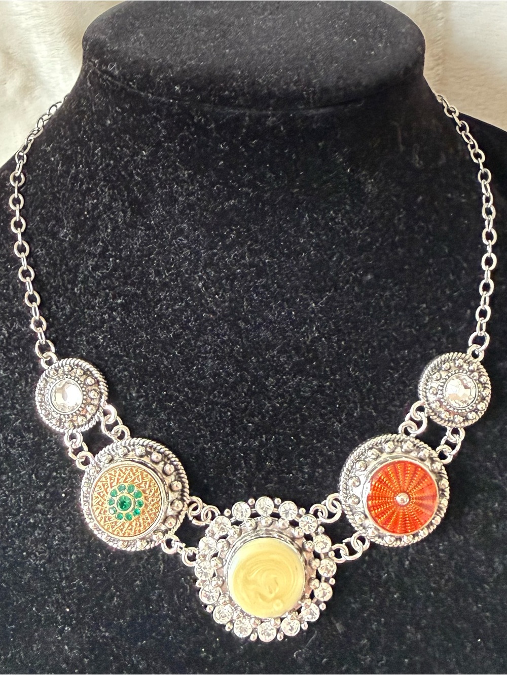 Ginger Snaps Silver-Tone Multicolor Medallion Necklace Rhinestone Statement